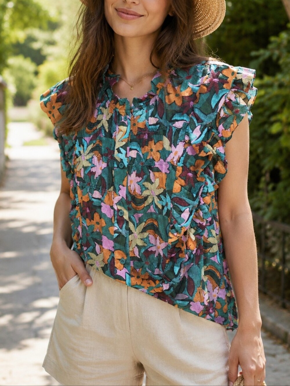 NWT The Korner Green Tropical Floral Ruffle Cap Sleeve Blouse Boho Cottagecore